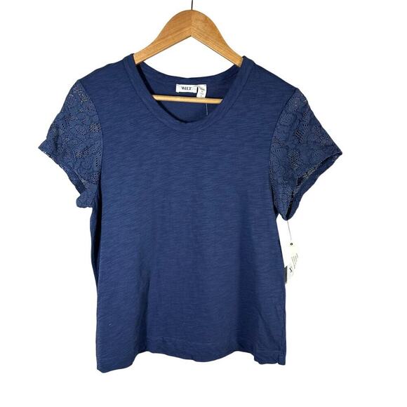 WILT Shrunken Crew Tee with Lace Sleeves Slub 100% Cotton Small Blue - Picture 1 of 12